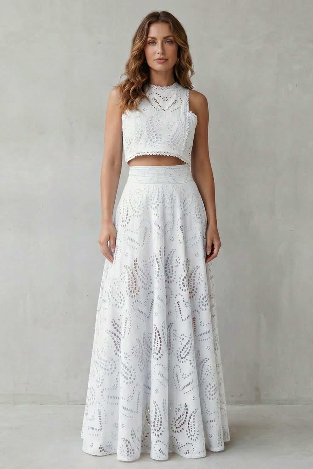Eyelet Crop Top and Maxi Skirt Set