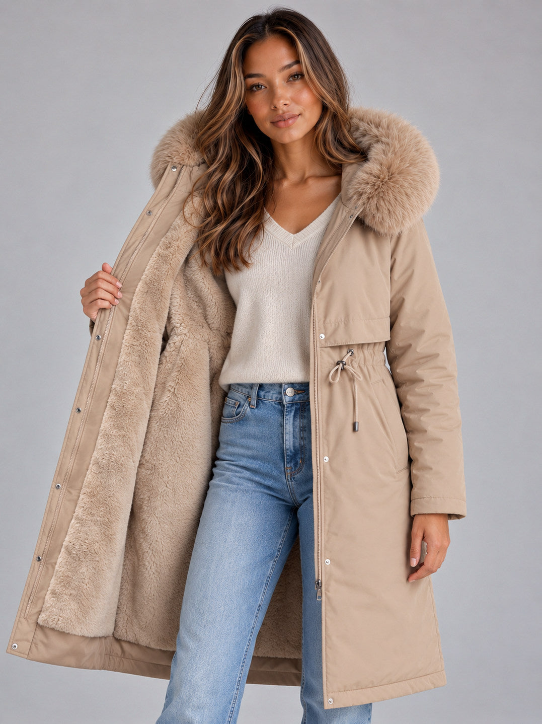 Faux Fur Trim Long Sleeve Coat