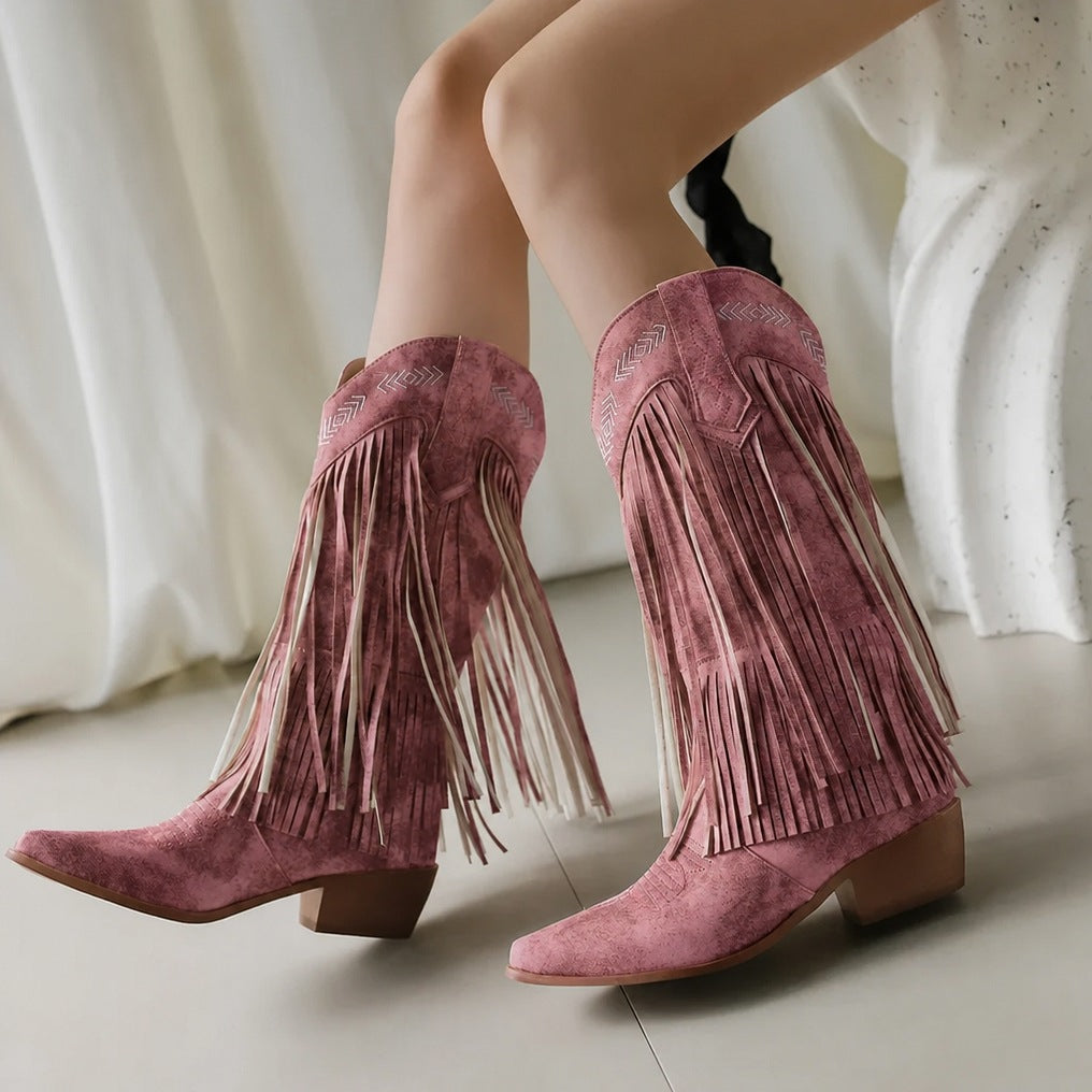 Faux Leather Fringe Western Boots