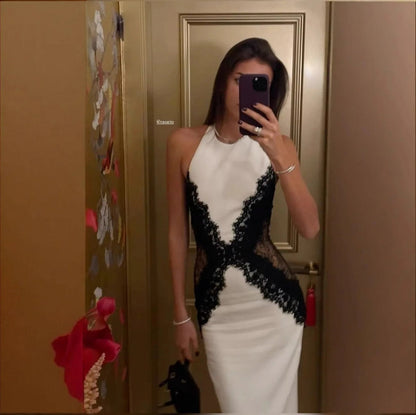 Fitted Halter Lace Trim Maxi Dress