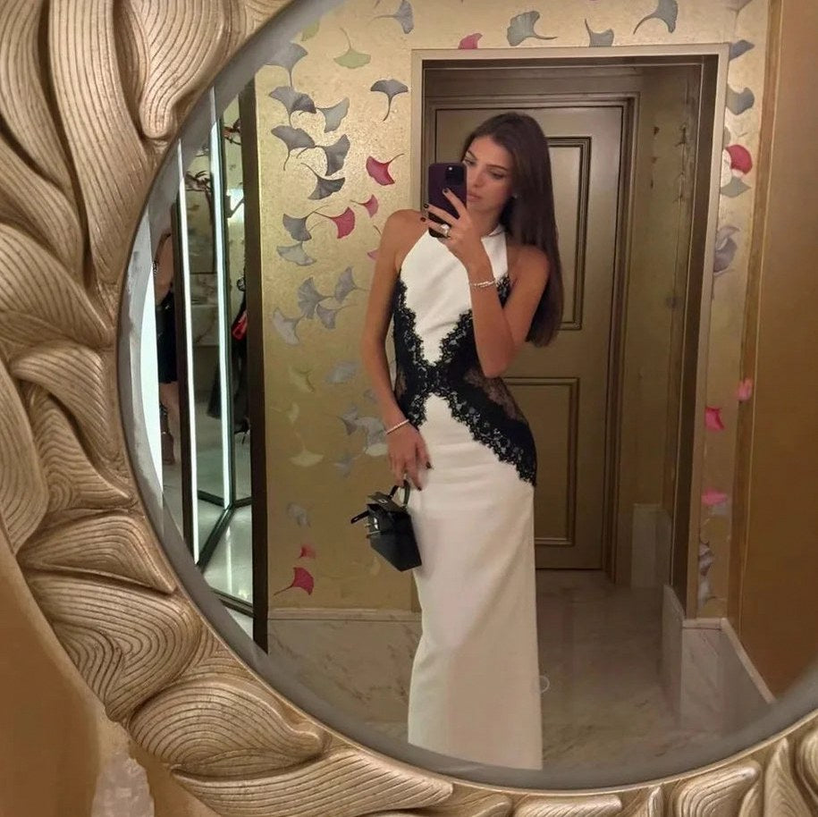 Fitted Halter Lace Trim Maxi Dress