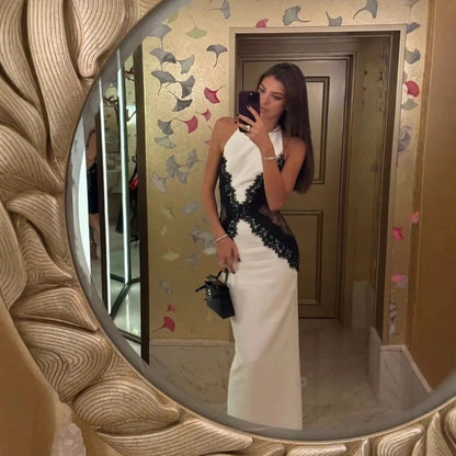 Fitted Halter Lace Trim Maxi Dress