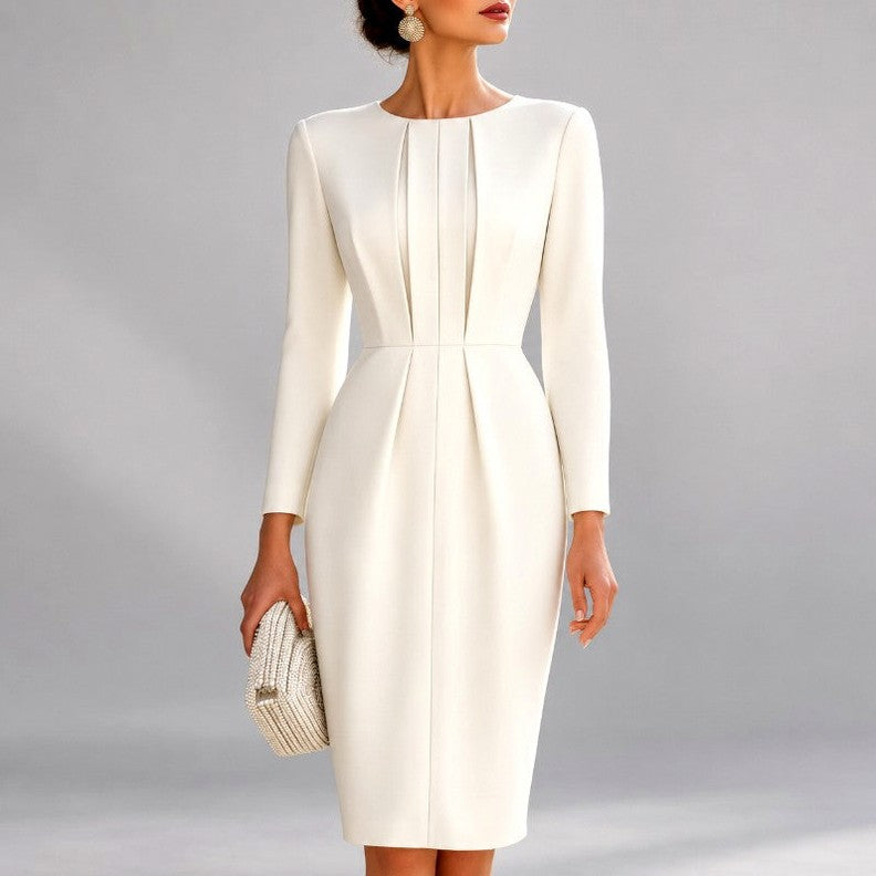 Fitted Pleated Long Sleeve Midi Dress