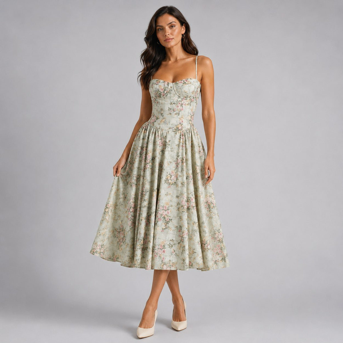 Floral Corset Drop Waist Midi Dress