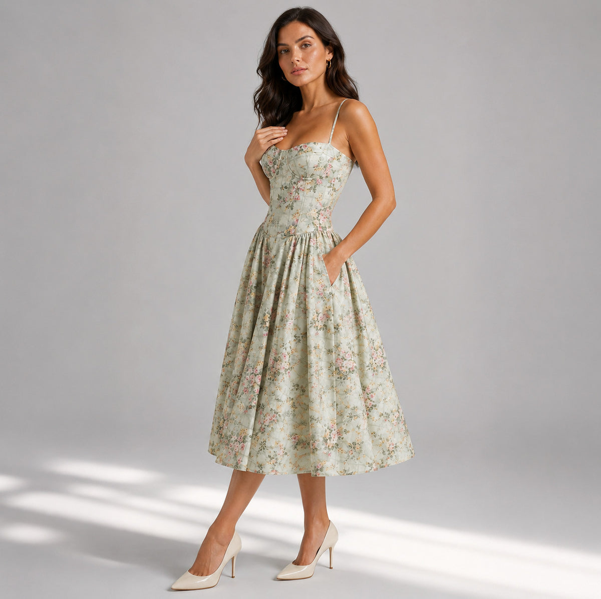 Floral Corset Drop Waist Midi Dress