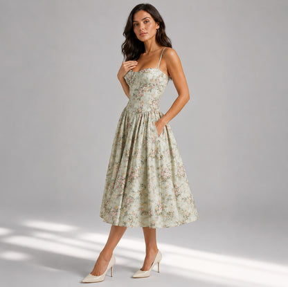 Floral Corset Drop Waist Midi Dress