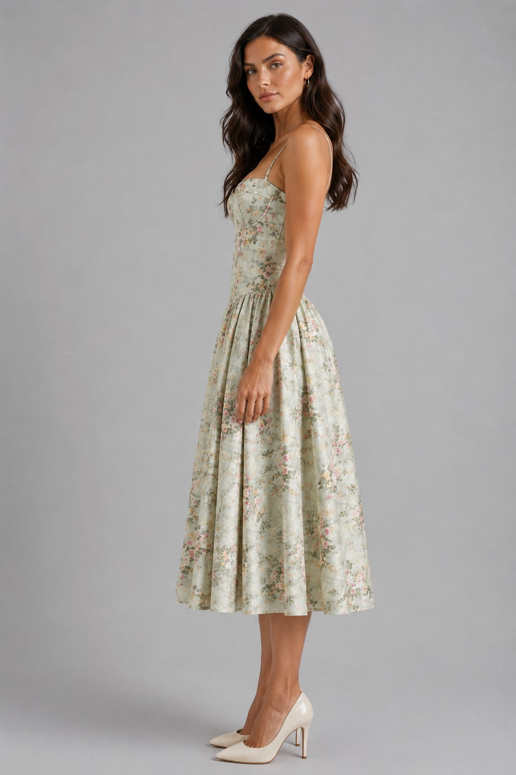 Floral Corset Drop Waist Midi Dress