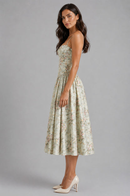 Floral Corset Drop Waist Midi Dress