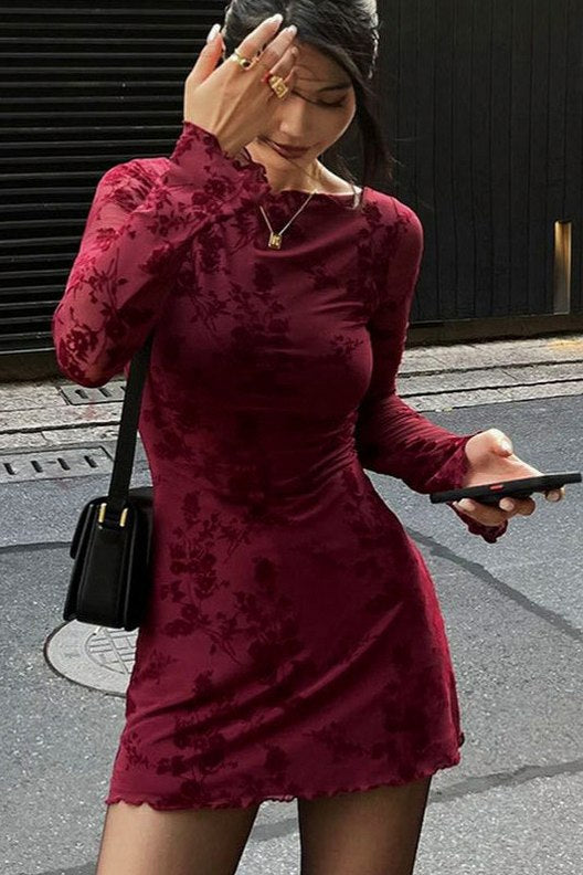 Floral Long Sleeve Fitted Mini Dress