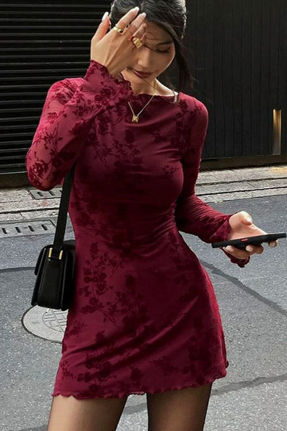 Floral Long Sleeve Fitted Mini Dress
