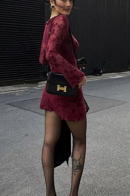 Floral Long Sleeve Fitted Mini Dress