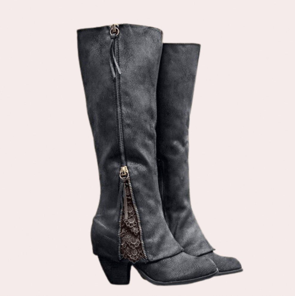 Fold Over Block Heel Knee High Boots