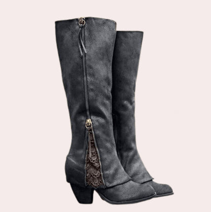 Fold Over Block Heel Knee High Boots