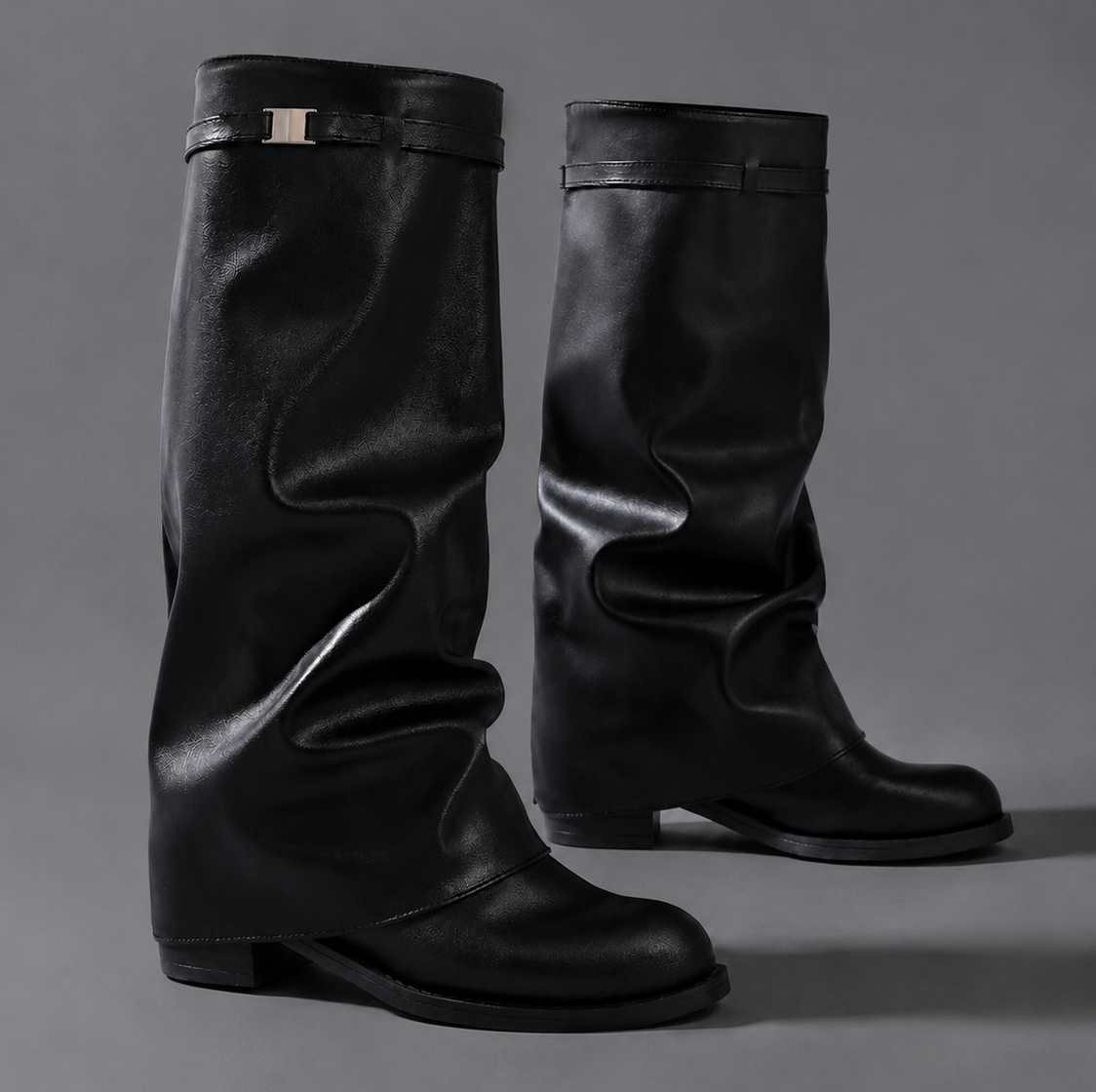 Fold Over Buckle Knee High Boots