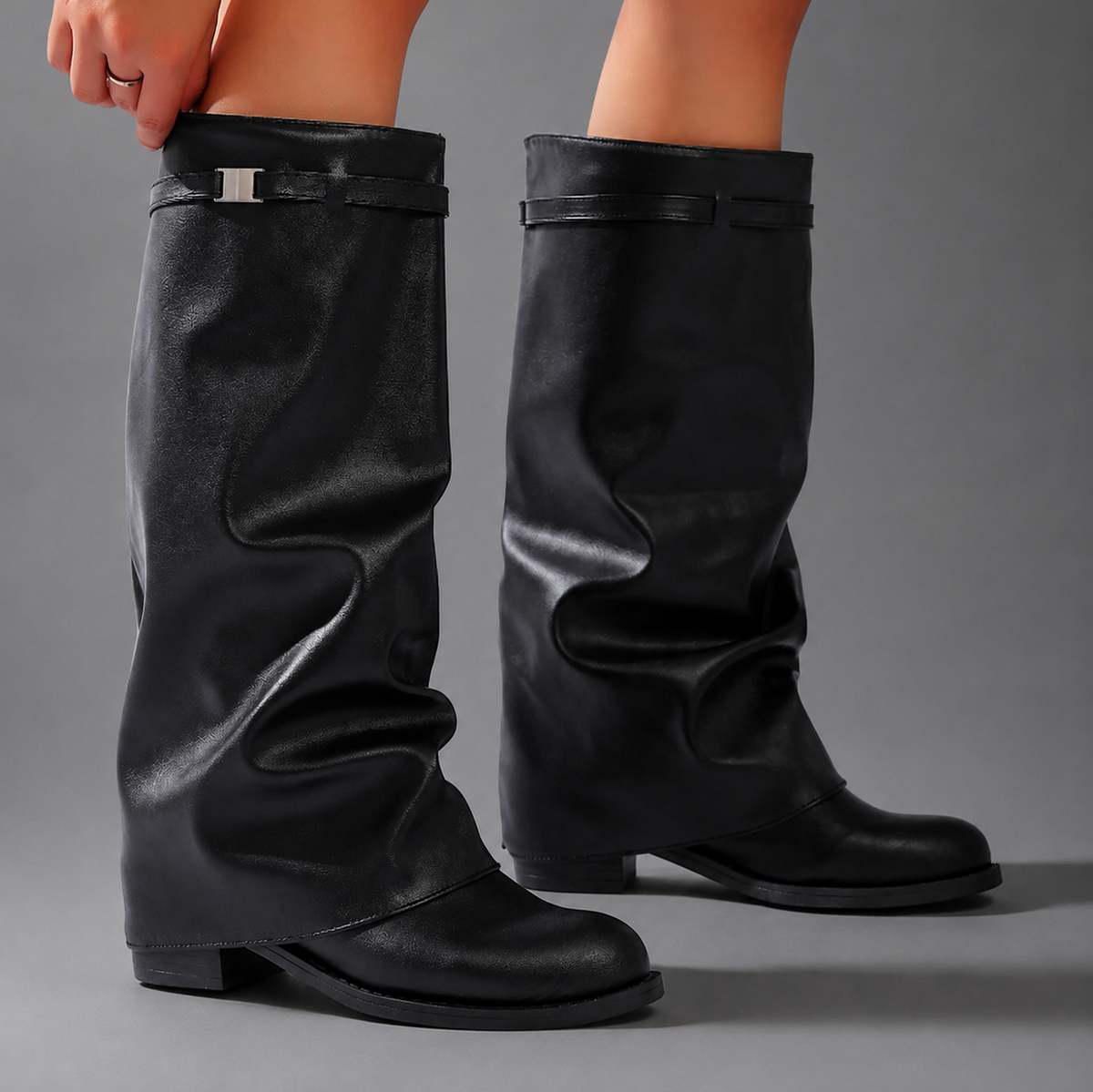 Fold Over Buckle Knee High Boots
