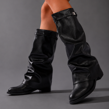 Fold Over Buckle Knee High Boots