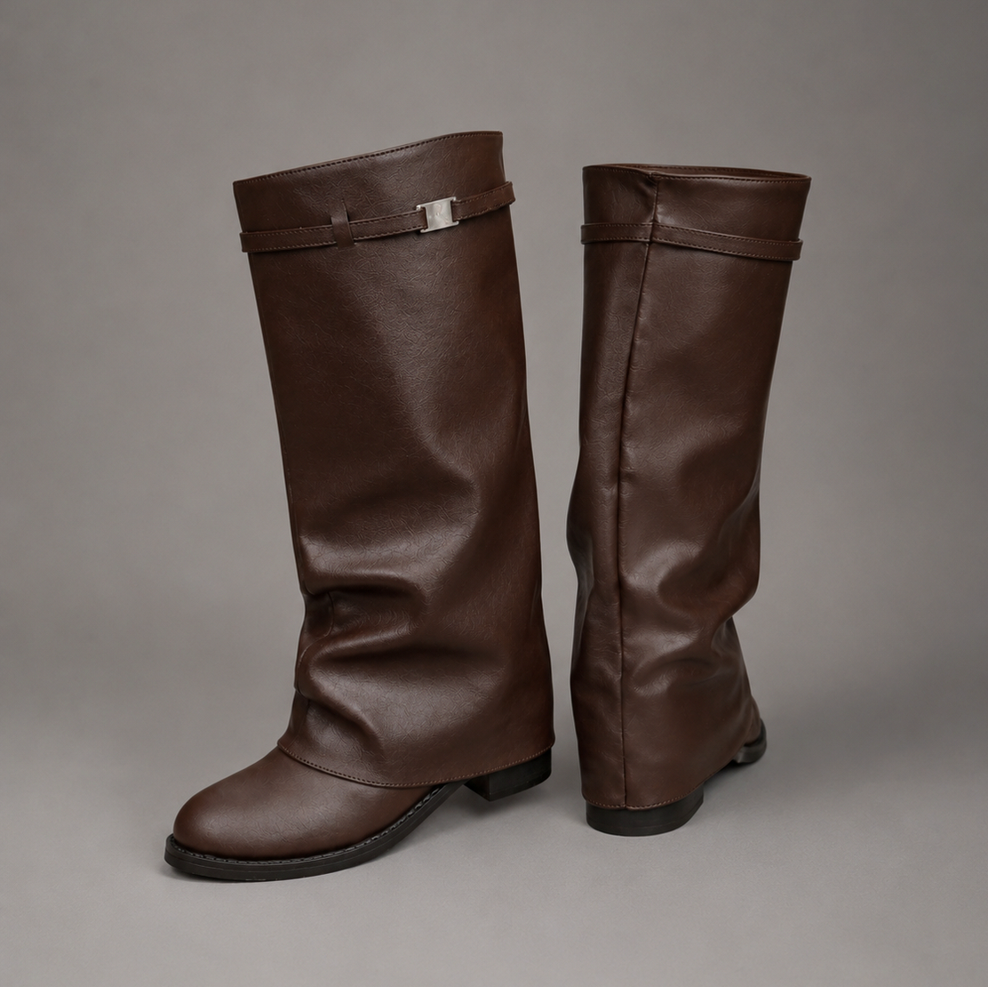 Fold Over Buckle Knee High Boots
