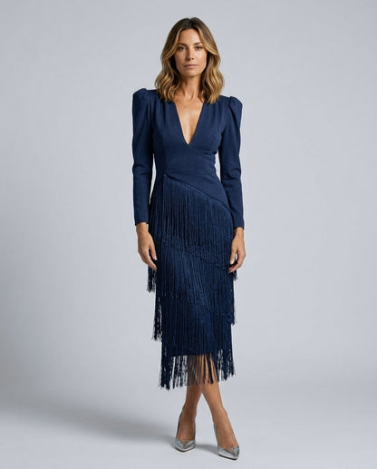 Fringe Long Sleeve Midi Dress