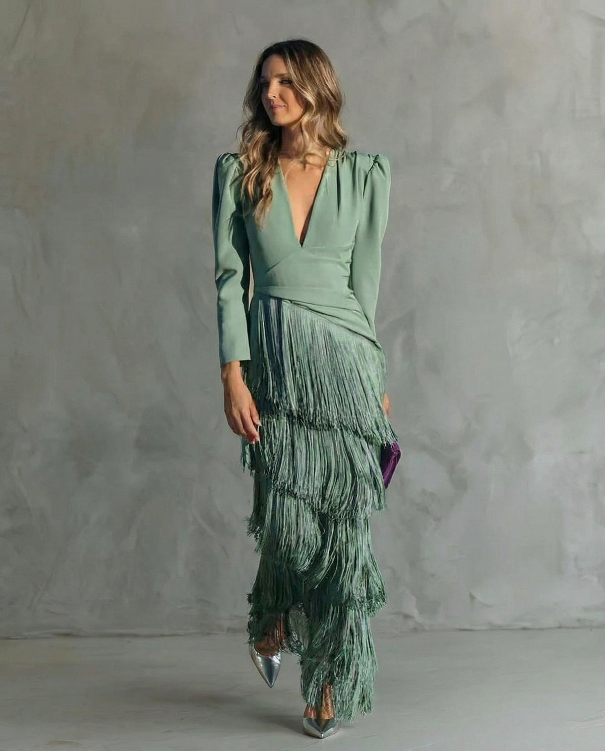 Fringe Long Sleeve Midi Dress