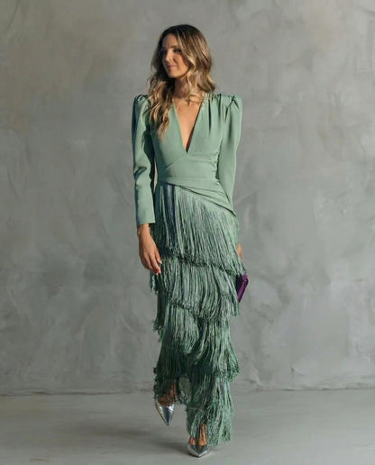 Fringe Long Sleeve Midi Dress