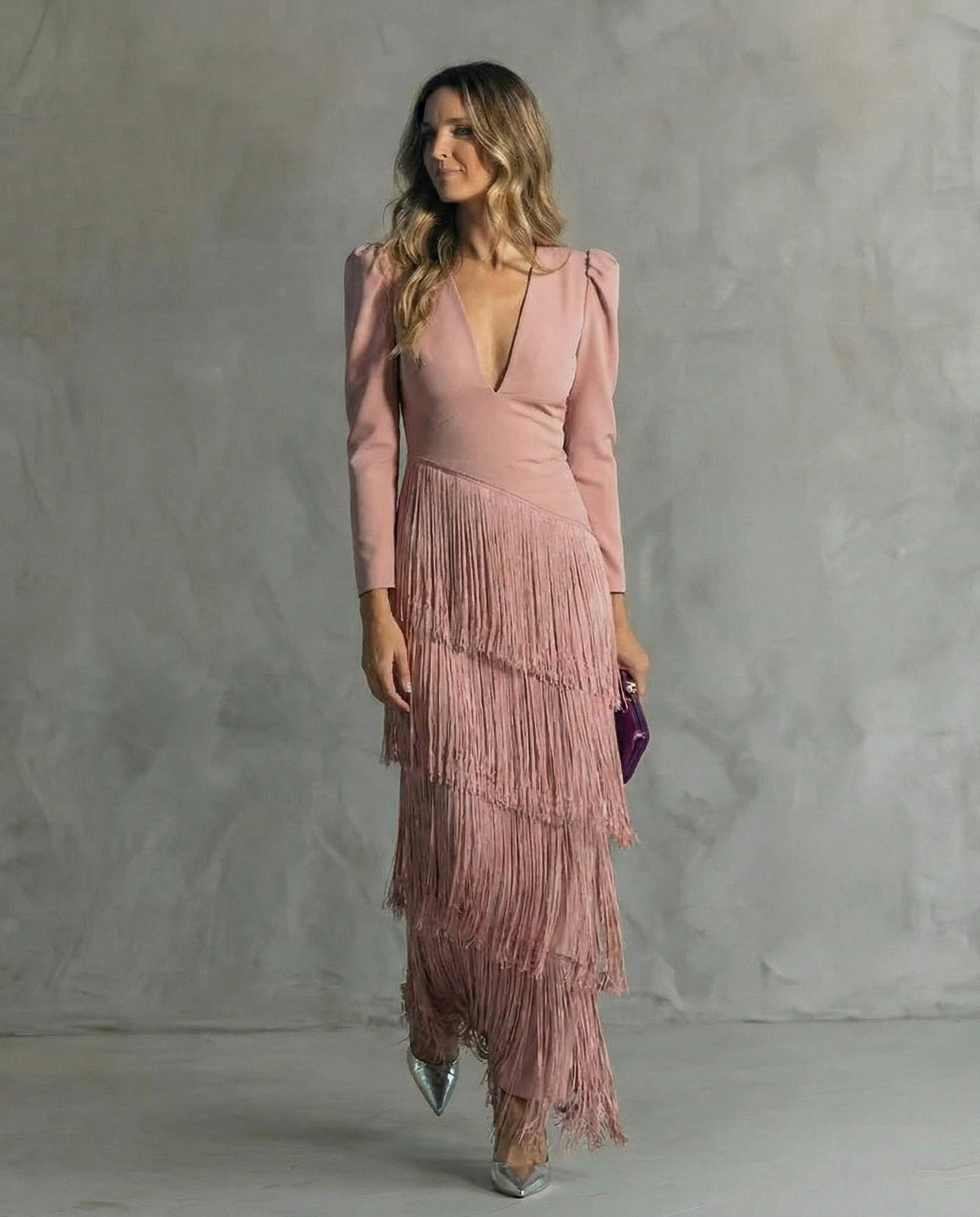 Fringe Long Sleeve Midi Dress
