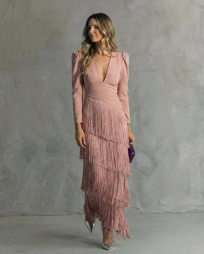 Fringe Long Sleeve Midi Dress