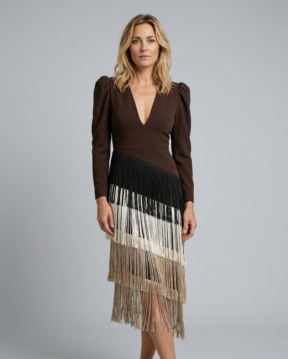 Fringe Long Sleeve Midi Dress