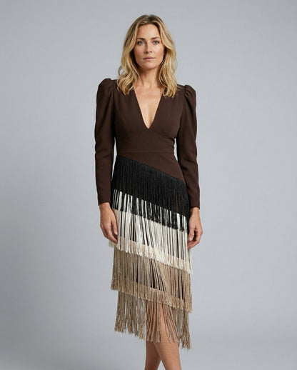Fringe Long Sleeve Midi Dress