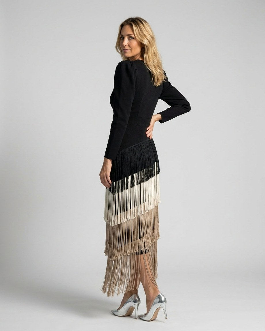 Fringe Long Sleeve Midi Dress