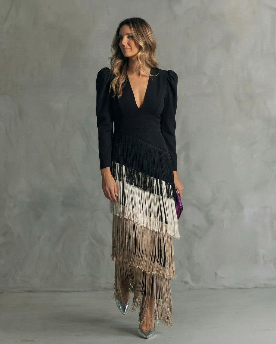 Fringe Long Sleeve Midi Dress