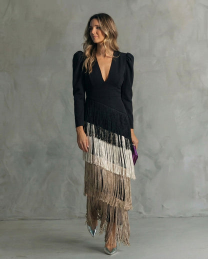 Fringe Long Sleeve Midi Dress