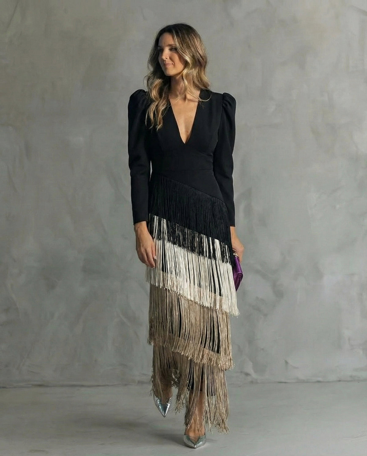 Fringe Long Sleeve Midi Dress