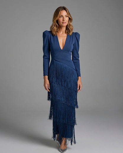 Fringe Long Sleeve Midi Dress