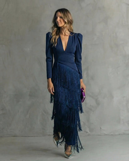 Fringe Long Sleeve Midi Dress
