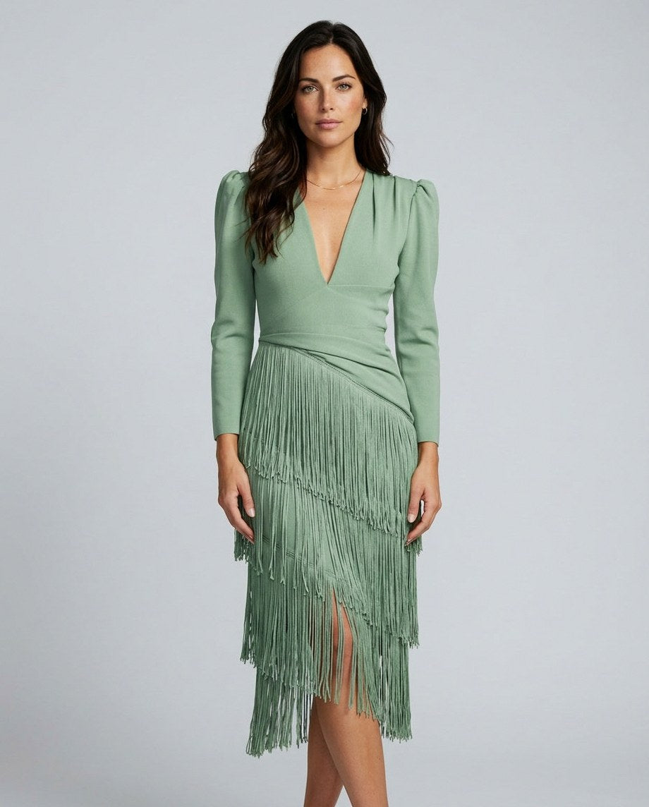 Fringe Long Sleeve Midi Dress