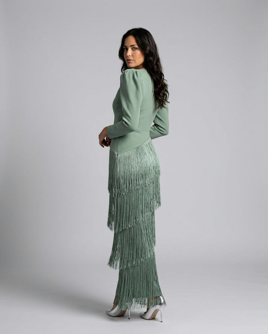 Fringe Long Sleeve Midi Dress