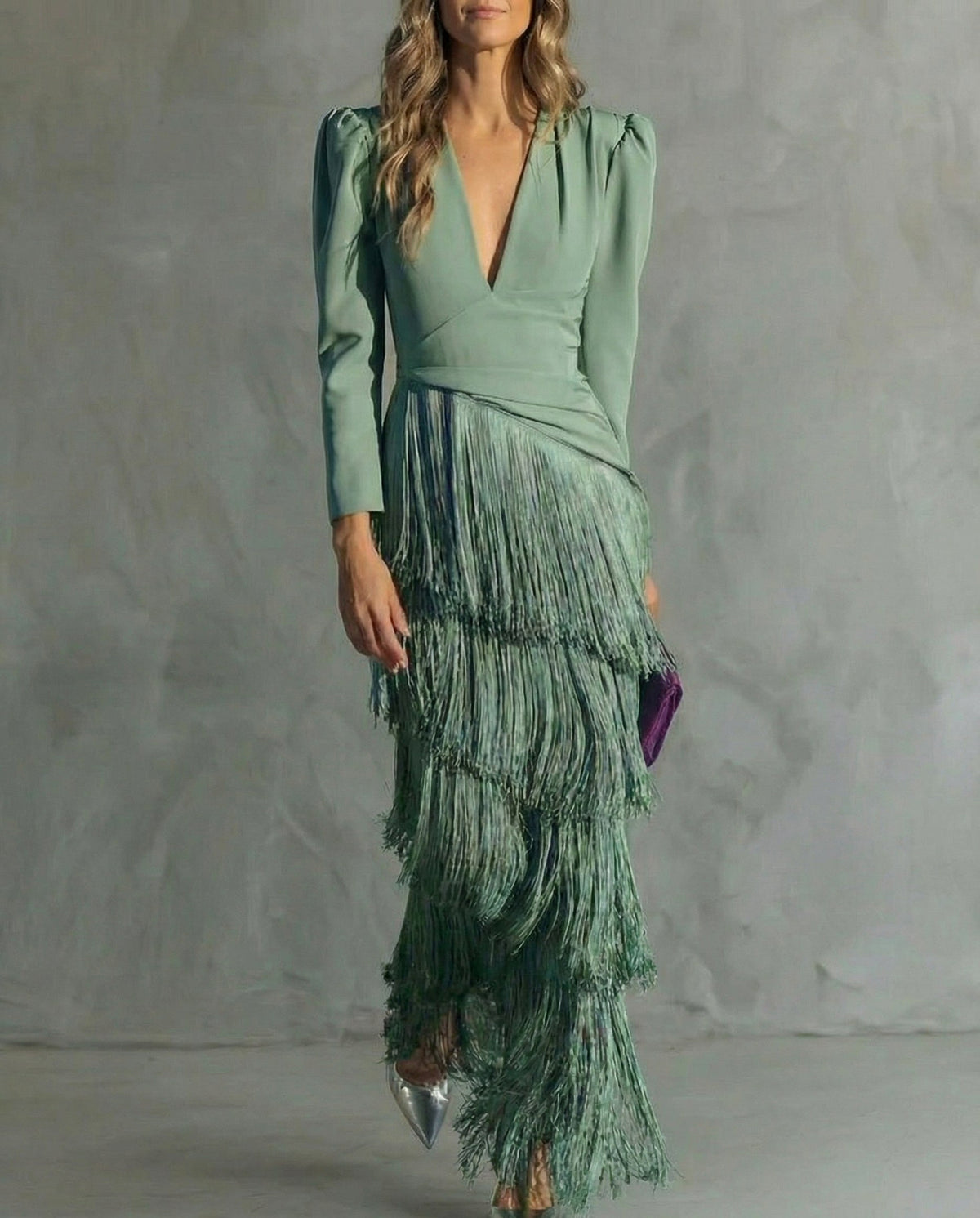 Fringe Long Sleeve Midi Dress