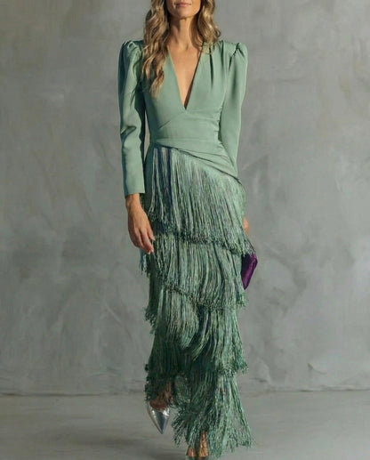 Fringe Long Sleeve Midi Dress