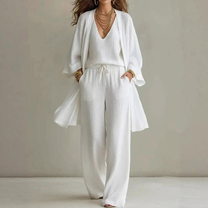 Gauze Long Sleeve Open Front Layer Pants Set