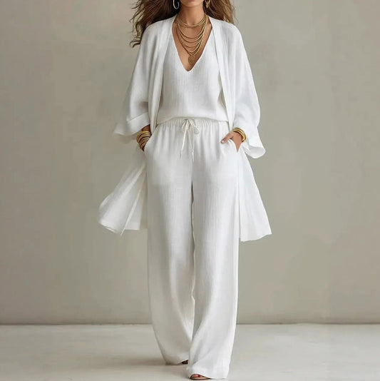 Gauze Long Sleeve Open Front Layer Pants Set