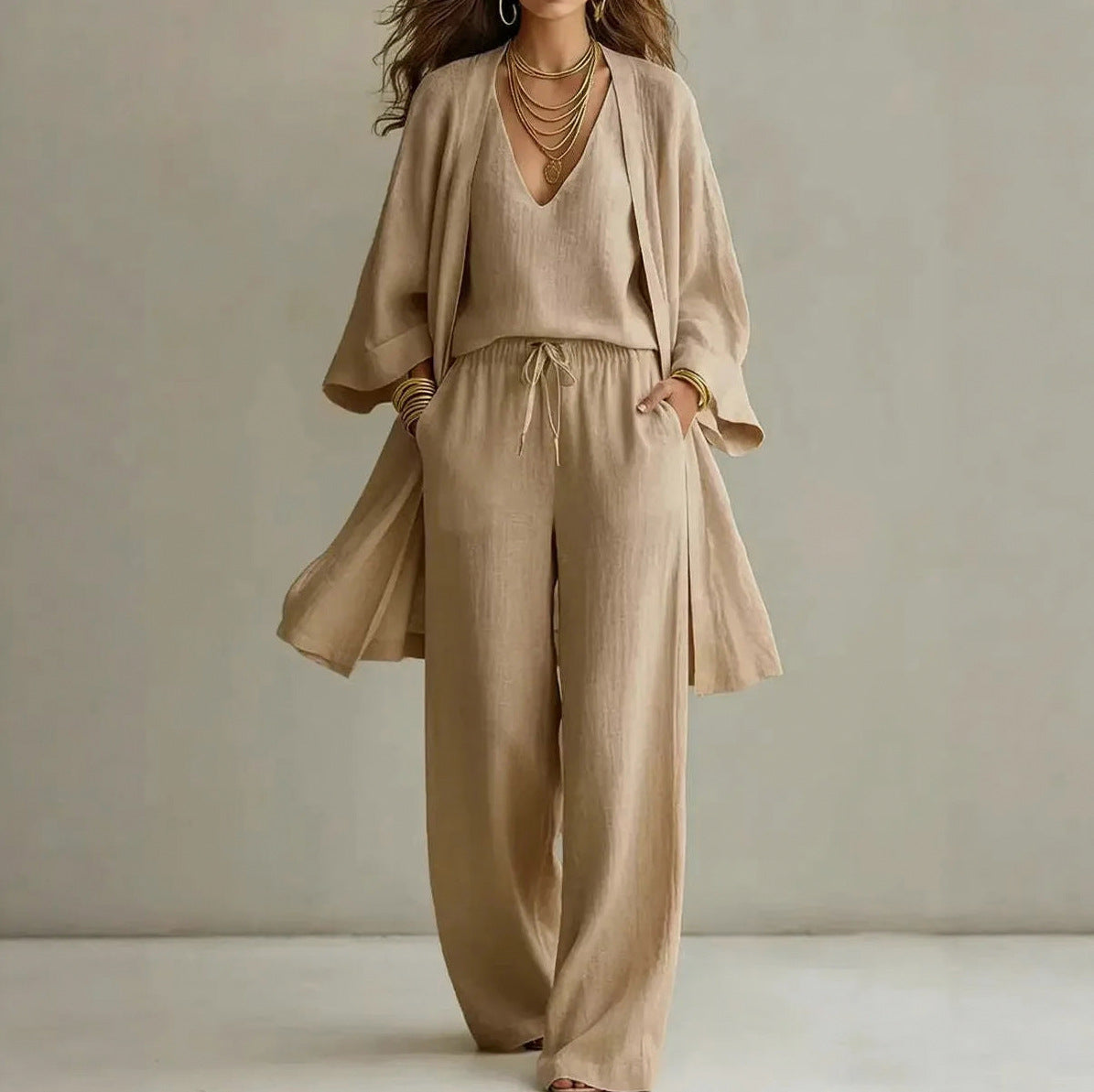 Gauze Long Sleeve Open Front Layer Pants Set