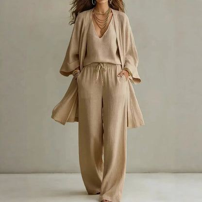 Gauze Long Sleeve Open Front Layer Pants Set