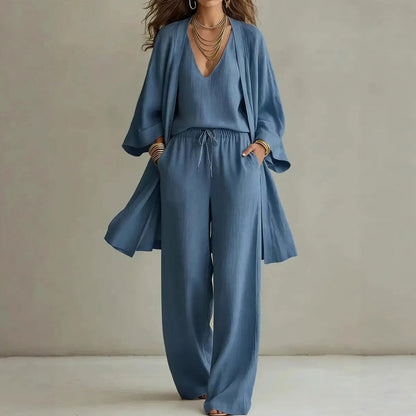 Gauze Long Sleeve Open Front Layer Pants Set