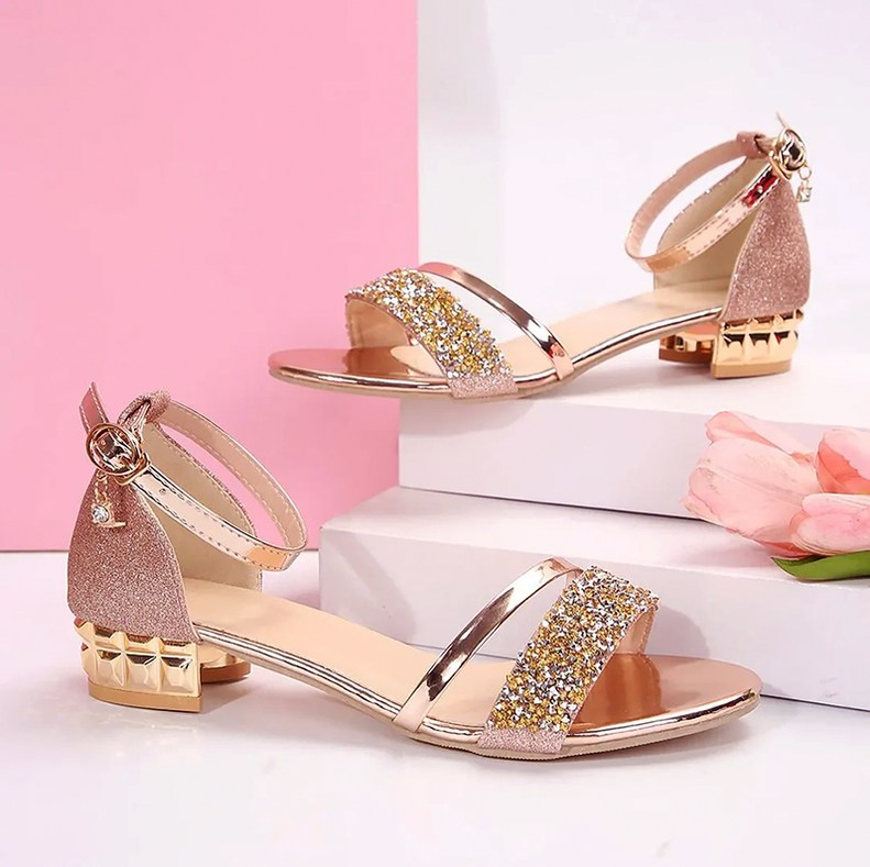 Glitter Low Block Heel Ankle Strap Sandals