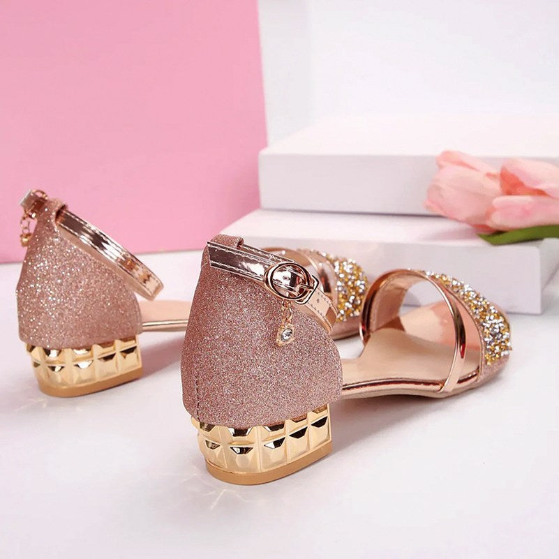 Glitter Low Block Heel Ankle Strap Sandals