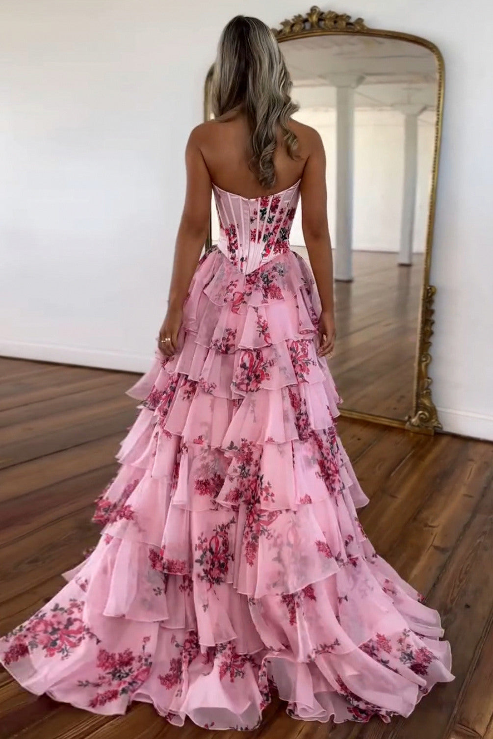 Floral Strapless Tiered Maxi Dress