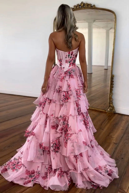 Floral Strapless Tiered Maxi Dress