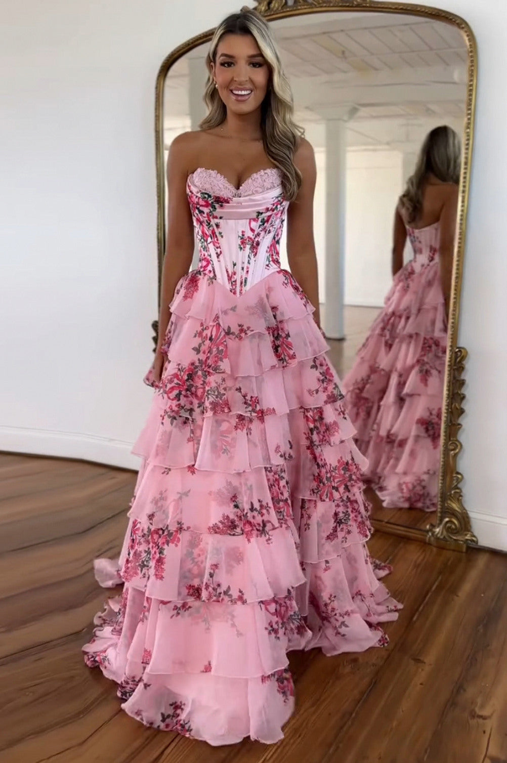 Floral Strapless Tiered Maxi Dress