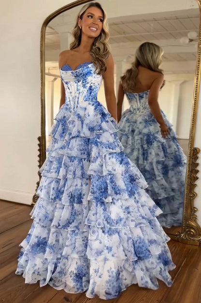 Floral Strapless Tiered Maxi Dress