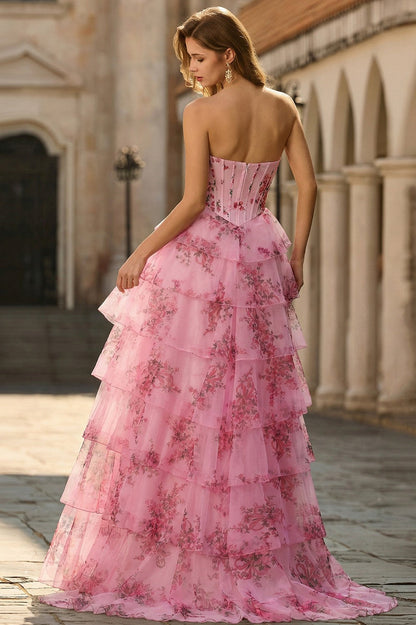 Floral Strapless Tiered Maxi Dress